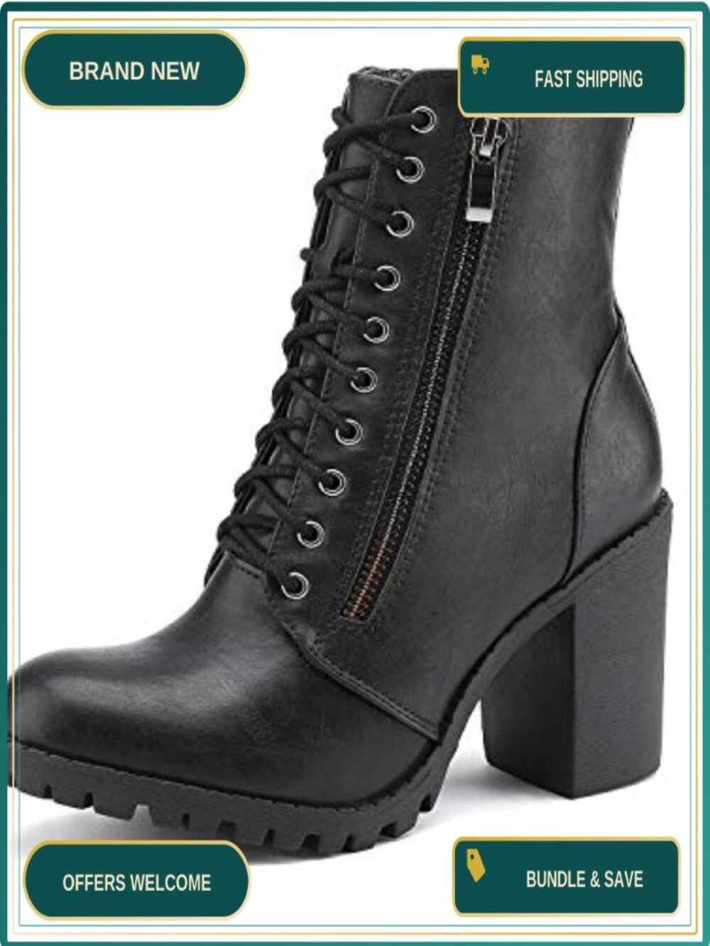 Faux Leather Chunky Heel Lace Up Ankle Booties with Pocket